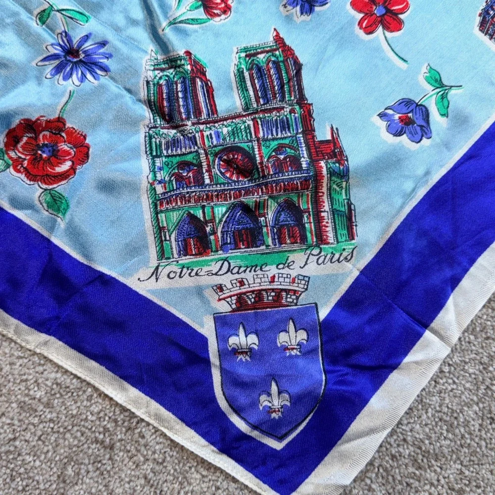 Vintage Souvenir de Paris Scarf Blue Eiffel Tower Notre Dame Landmarks